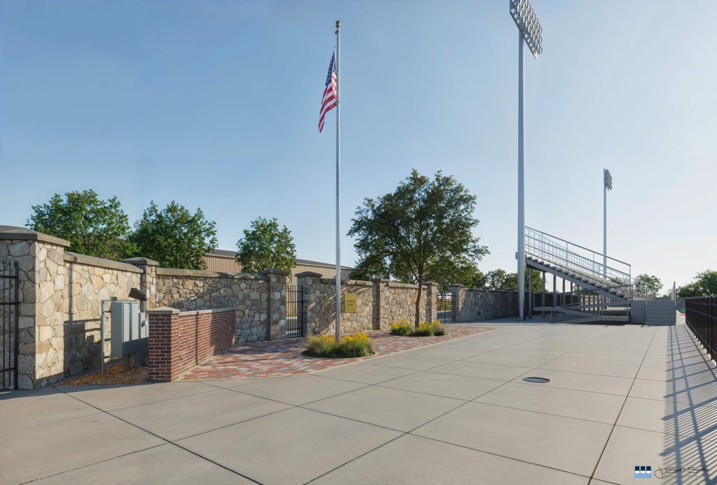 Horlick Athletic Field Champions Plaza viewed from main entry gate